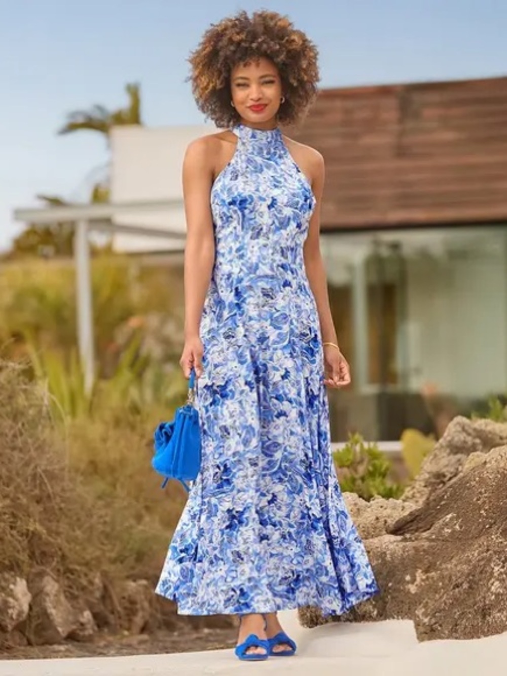 Listicle White and Blue Paisley Maxi Dress with Ruffle Tiers